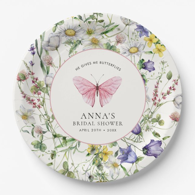 He Gives Me Butterflies Flowers Bridal Shower  Paper Plates (Front)