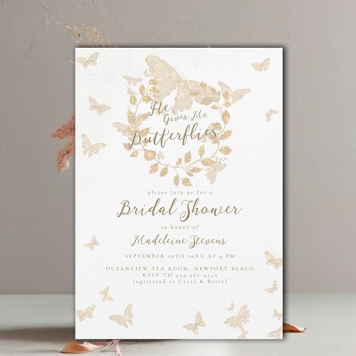 He Gives Me Butterflies Gold Wreath Bridal Shower Invitation