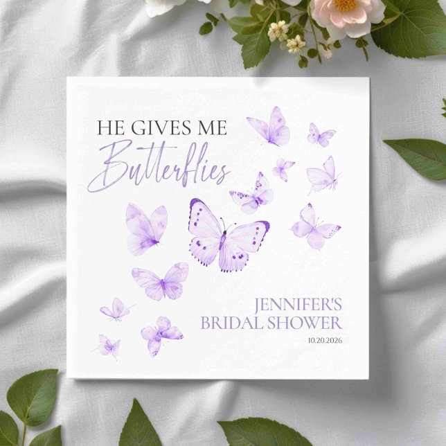 He Gives Me Butterflies | Lavender Bridal Shower Napkins (Creator Uploaded)