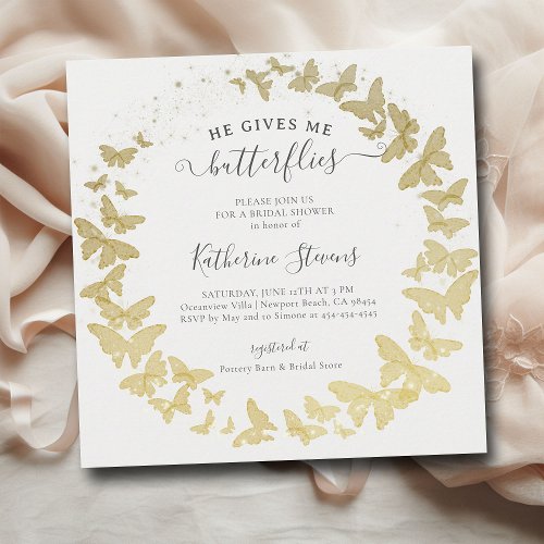 He Gives Me Butterflies Modern Gold Bridal Shower Invitation