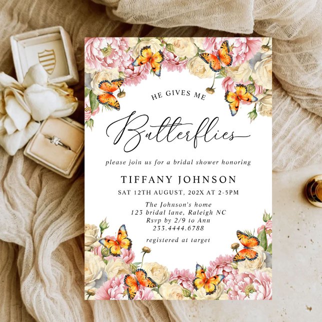He Gives Me Butterflies Peonies Bridal Shower Invitation (Creator Uploaded)