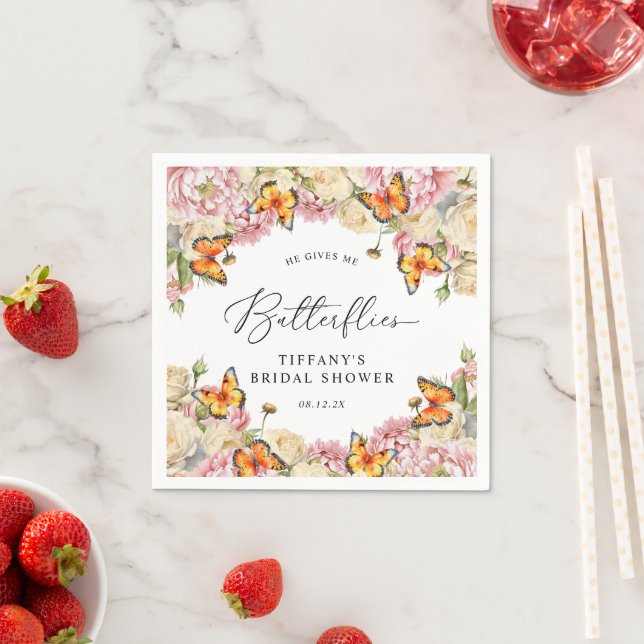 He Gives Me Butterflies Peonies Bridal Shower Napkins (Insitu)