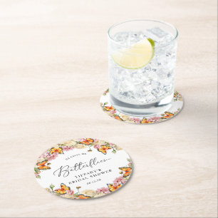 He Gives Me Butterflies Peonies Bridal Shower Round Paper Coaster