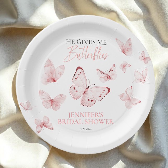He Gives Me Butterflies Pink Blush Bridal Shower Paper Plates (Creator Uploaded)