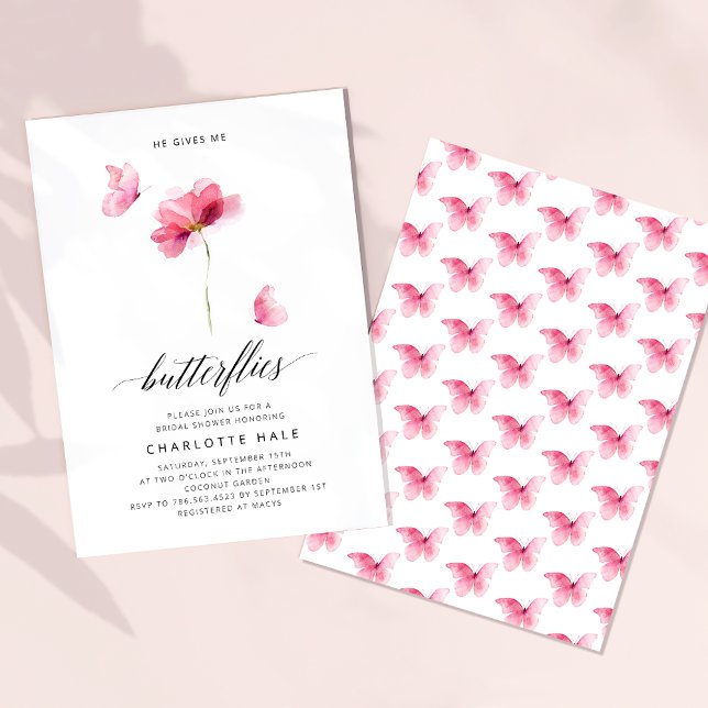 He Gives Me Butterflies Pink Bridal Shower Invitation (Creator Uploaded)