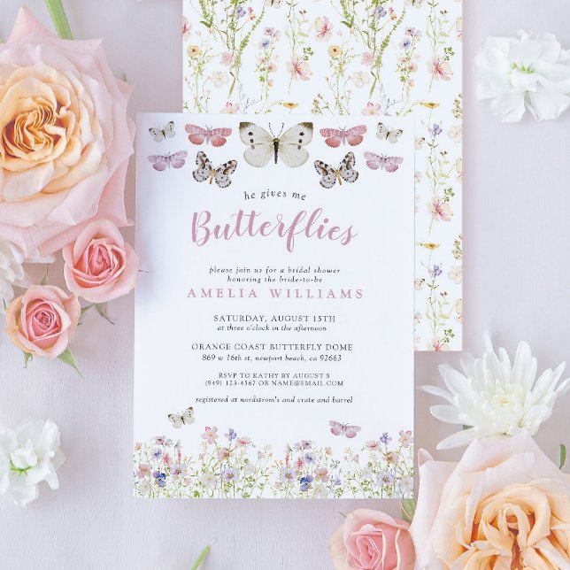 He Gives Me Butterflies Pink Floral Bridal Shower Invitation (Easily personalize this beautiful butterfly bridal shower invitation for the perfect celebration!)