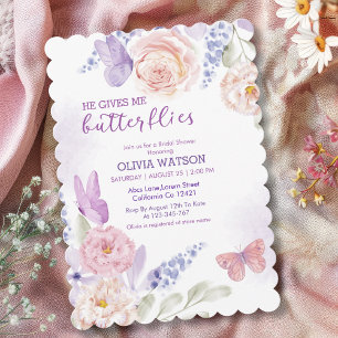 He gives me butterflies Purple Bridal Shower Invitation