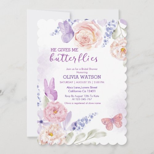 He gives me butterflies Purple Bridal Shower  Invitation