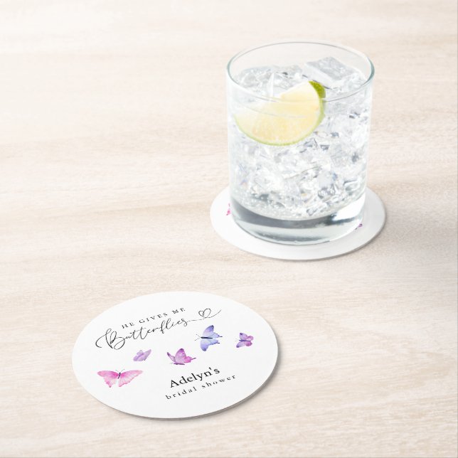 He Gives Me Butterflies Round Paper Coaster (Insitu)
