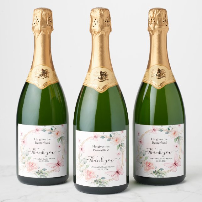 He Gives Me Butterflies Shower Favor Sparkling Wine Label (Bottles)