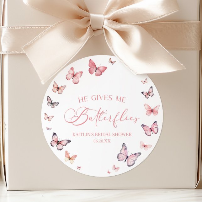 He Gives Me Butterflies Soft Pink Bridal Shower  Classic Round Sticker (Creator Uploaded)