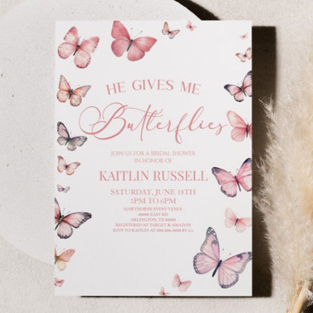 He Gives Me Butterflies Soft Pink Bridal Shower  Invitation (Creator Uploaded)