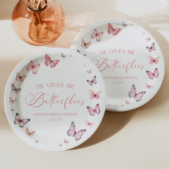 He Gives Me Butterflies Soft Pink Bridal Shower  Paper Plates (Creator Uploaded)