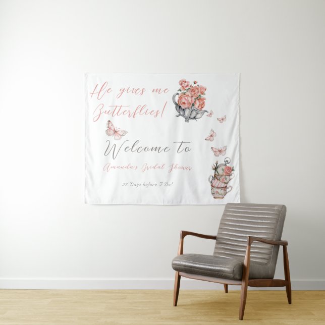 He Gives Me Butterflies Tea Floral Shower Backdrop (In Situ (Horizontal))