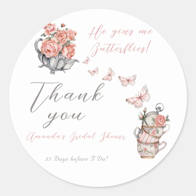 He Gives Me Butterflies Tea Floral Shower Favor Classic Round Sticker (Front)