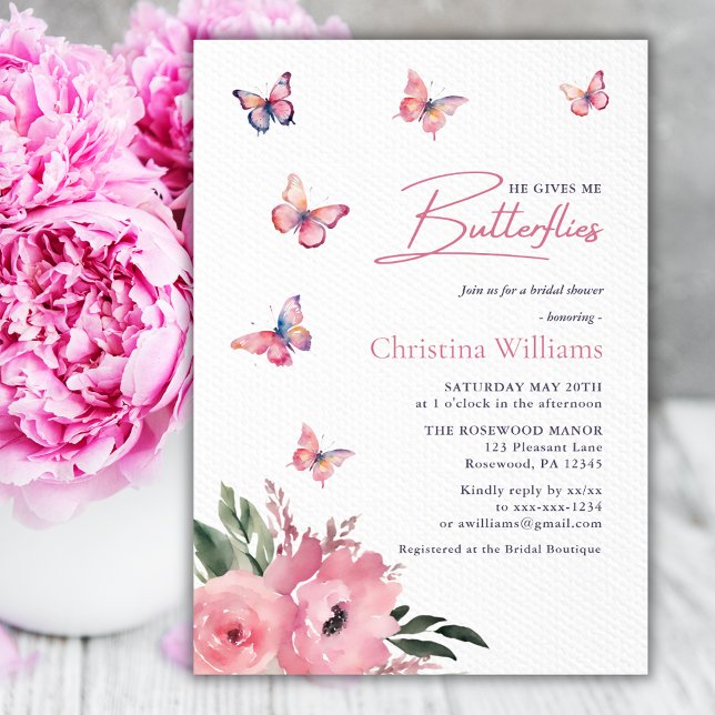 He Gives Me Butterflies Watercolor Bridal Shower Invitation (Creator Uploaded)