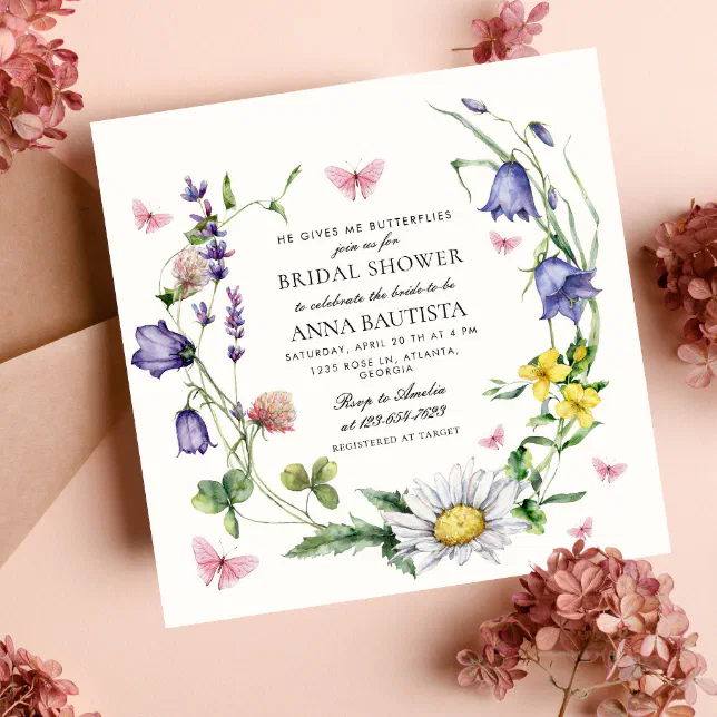 He Gives Me Butterflies Wildflowers Bridal Shower Invitation 