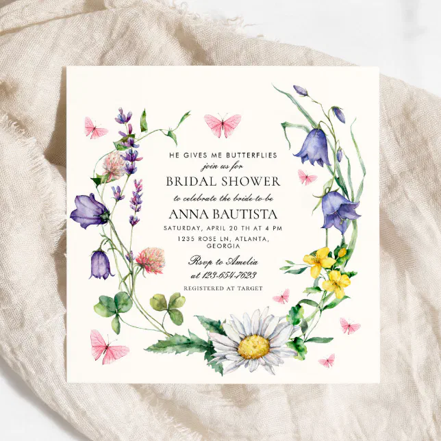 He Gives Me Butterflies Wildflowers Bridal Shower Invitation | Zazzle