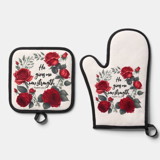 He Gives Me New Strength Oven Mitt & Pot Holder Set (Front)