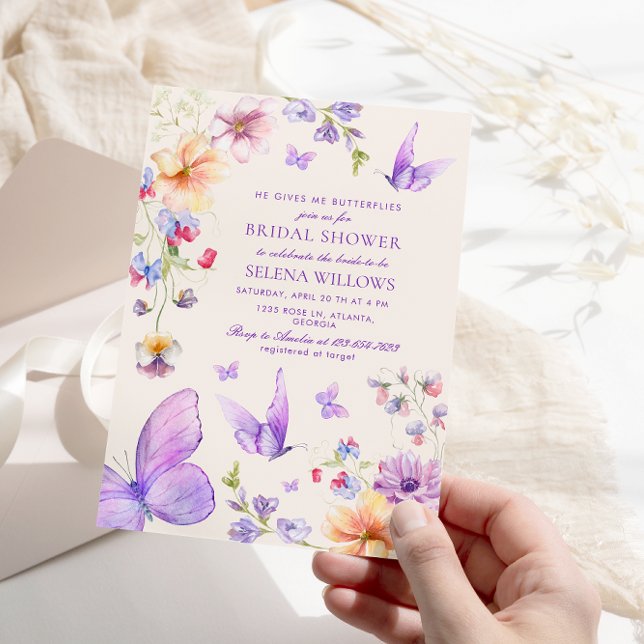 He Gives Me Purple Butterflies Bridal Shower Invitation (Creator Uploaded)