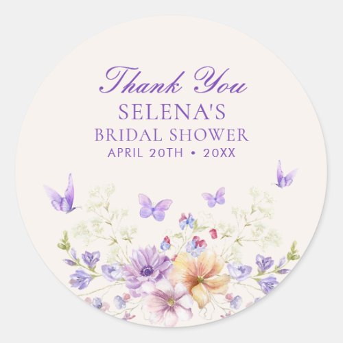 He Gives Purple Butterflies Thank You Bridal Showe Classic Round Sticker