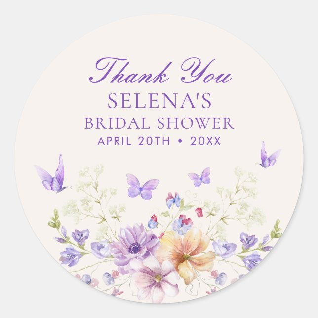 He Gives Purple Butterflies Thank You Bridal Showe Classic Round Sticker (Front)