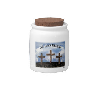 He Has Risen 3 Rugged Crosses Candy Jar