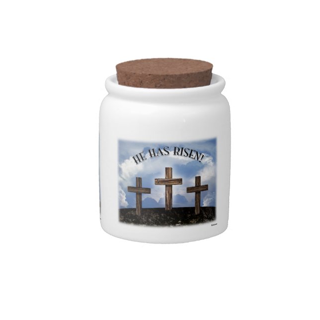 He Has Risen 3 Rugged Crosses Candy Jar (Front)