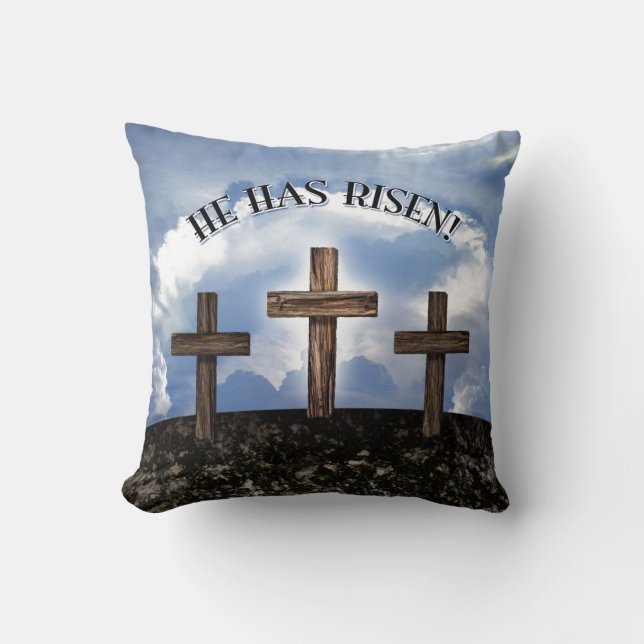 He Has Risen 3 Rugged Crosses Throw Pillow (Front)