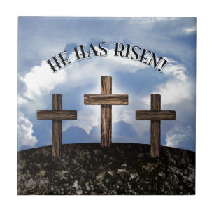 He Has Risen 3 Rugged Crosses Tile