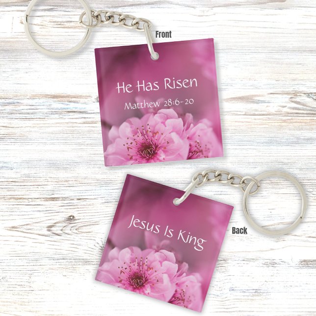 He Has Risen Bible Verse with Pink Purple Flowers  Keychain (Creator Uploaded)