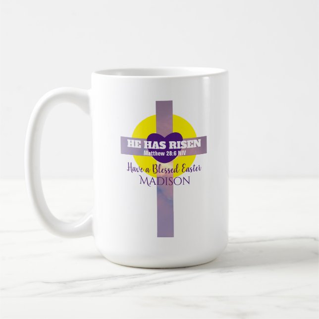 He Has Risen Cross Bible Verse Easter Custom Name Coffee Mug (Left)