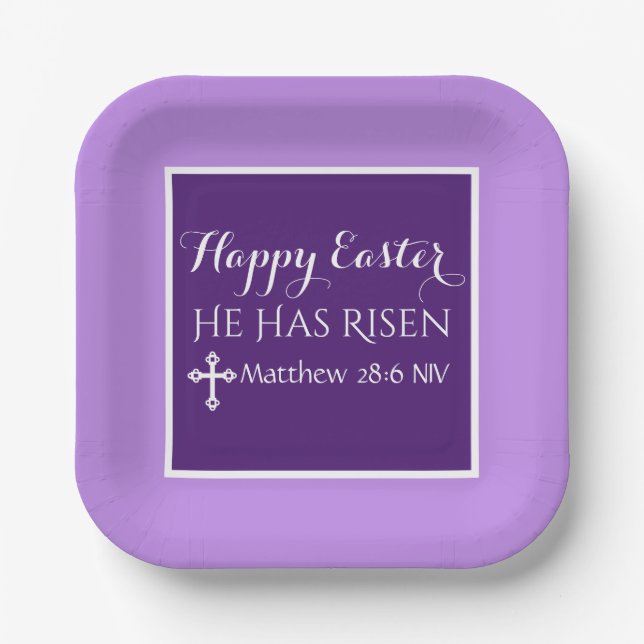 He Has Risen Cross Bible Verse Purple Easter Paper Plates (Front)
