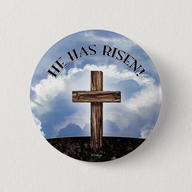 He Has Risen Rugged Cross Sky Button (Front)