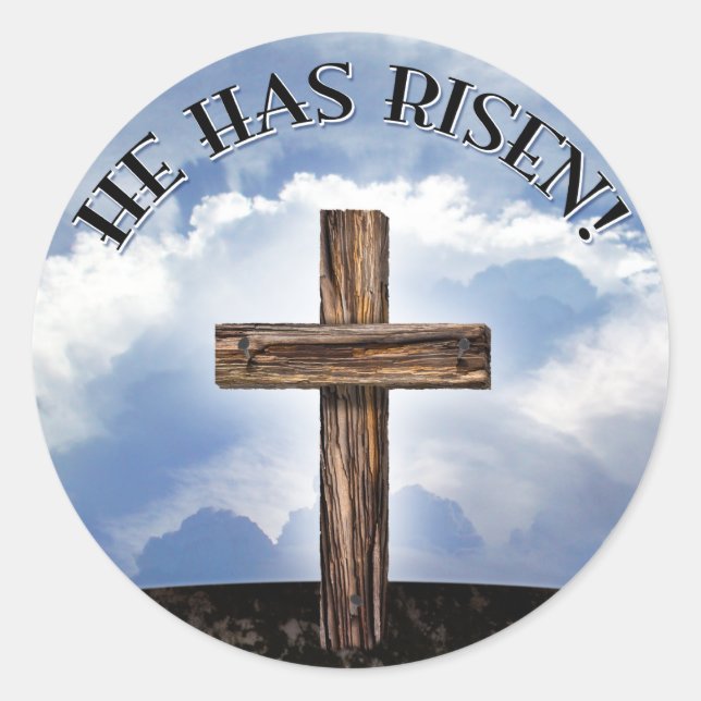 He Has Risen Rugged Cross Sky Classic Round Sticker (Front)
