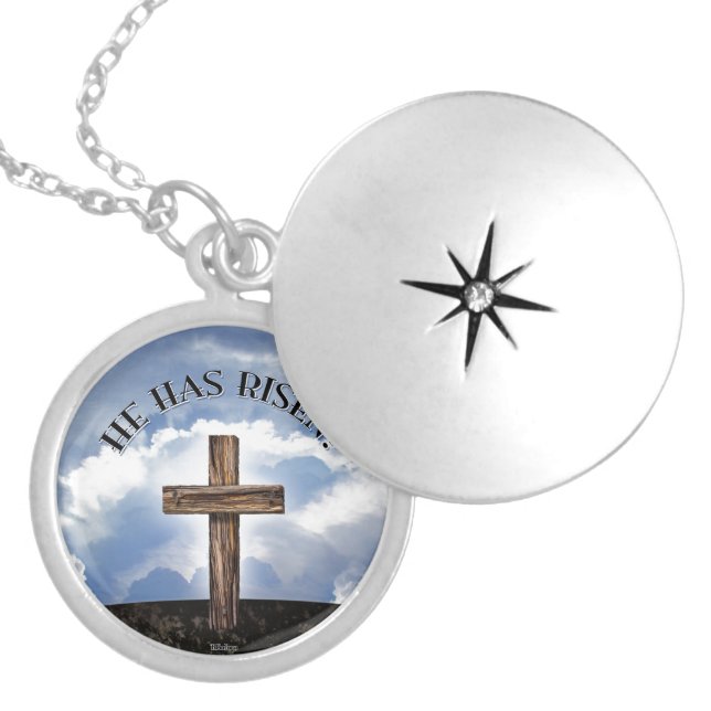 He Has Risen Rugged Cross Sky Locket Necklace (Front)