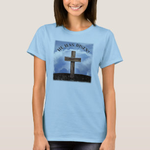 He Has Risen Rugged Cross Sky T-Shirt