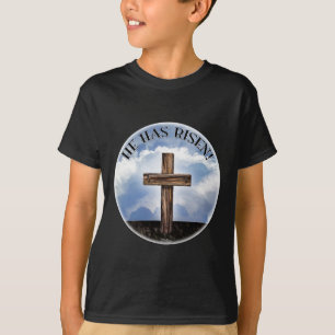 He Has Risen Rugged Cross Sky T-Shirt
