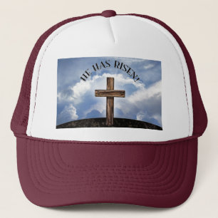 He Has Risen Rugged Cross Sky Trucker Hat