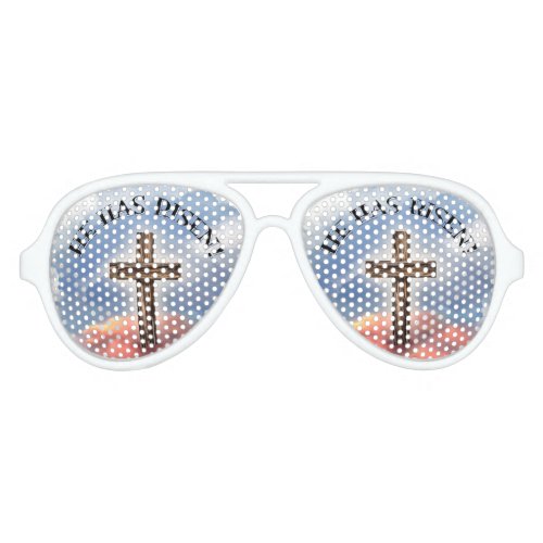 He Has Risen Rugged Cross With Clouds Aviator Sunglasses