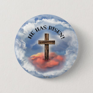 He Has Risen Rugged Cross With Clouds Button