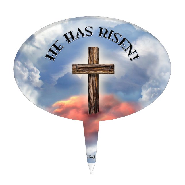 He Has Risen Rugged Cross With Clouds Cake Topper (Front)
