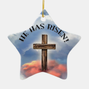 He Has Risen Rugged Cross With Clouds Ceramic Ornament