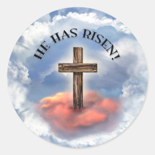 He Has Risen Rugged Cross With Clouds Classic Round Sticker