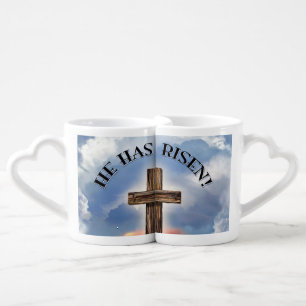 He Has Risen Rugged Cross With Clouds Coffee Mug Set