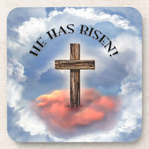 He Has Risen Rugged Cross With Clouds Drink Coaster
