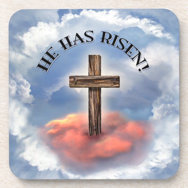 He Has Risen Rugged Cross With Clouds Drink Coaster (Front)