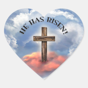 He Has Risen Rugged Cross With Clouds Heart Sticker
