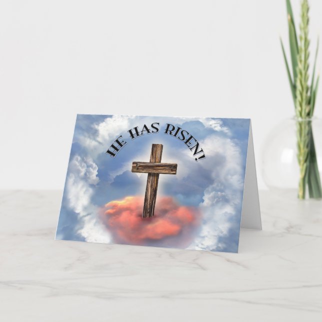 He Has Risen Rugged Cross With Clouds Holiday Card (Front)