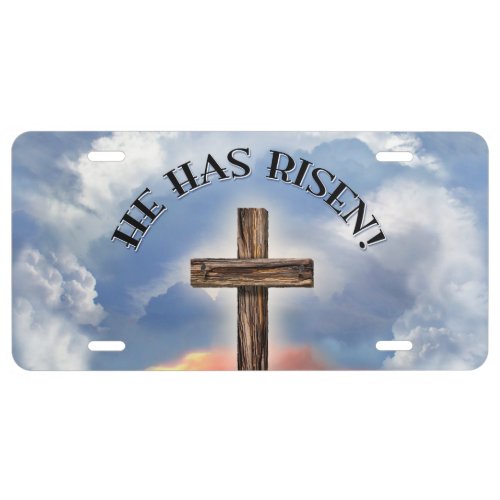 He Has Risen Rugged Cross With Clouds License Plate